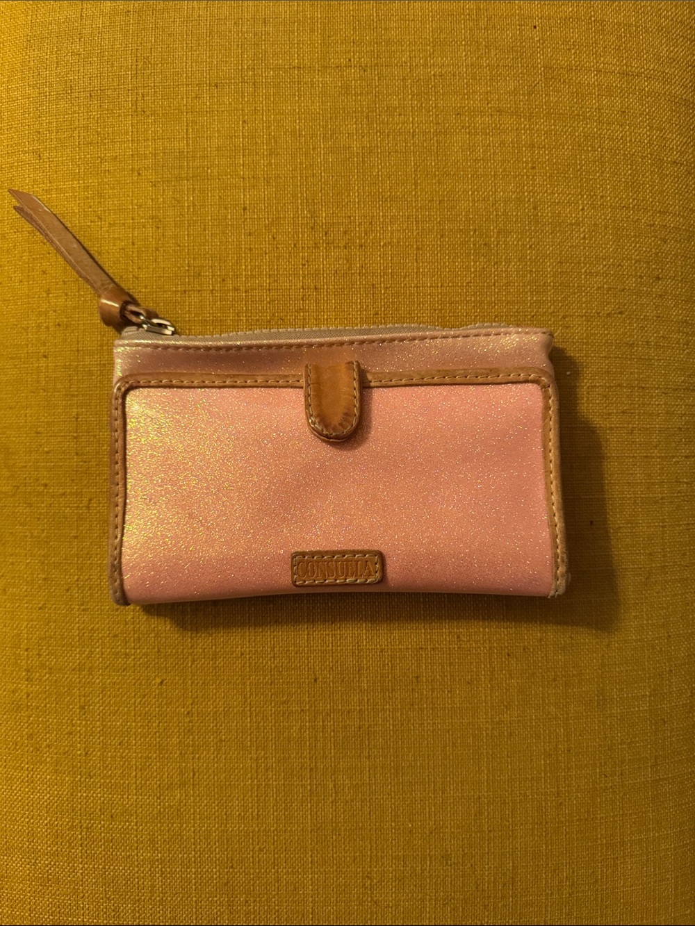Consuela Diggi Slim Wallet Pink Glitter Wallet with Tan Leather Trim
